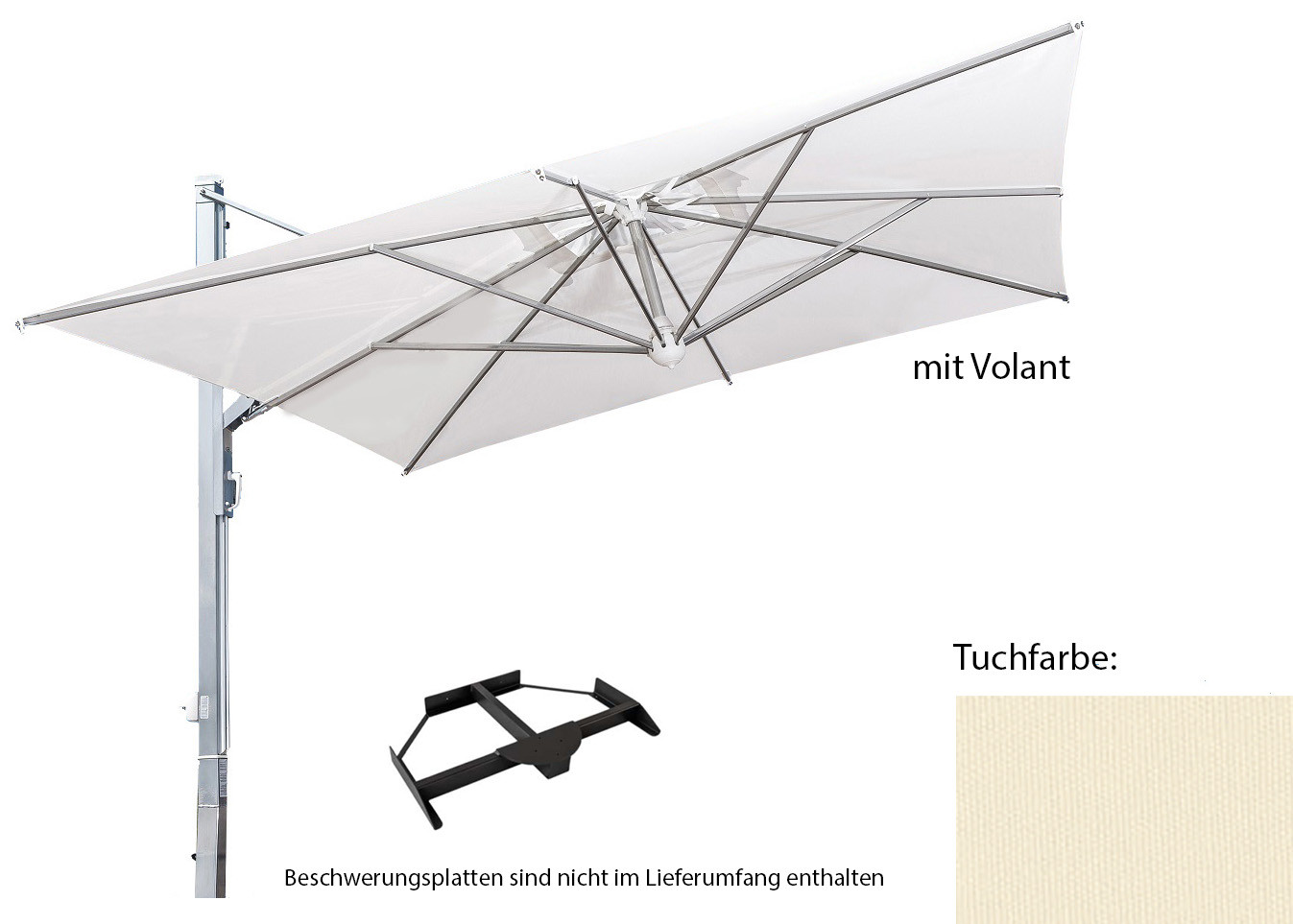 Galileo, starker Alu-Ampel-Schirm Größe: 3x3 quadratisch, Gestellfarbe: anthrazit, Ständervariante: mit Plattenständer, Farbe / Volant: naturfarben Nr.A1 (Acryl) mit Volant