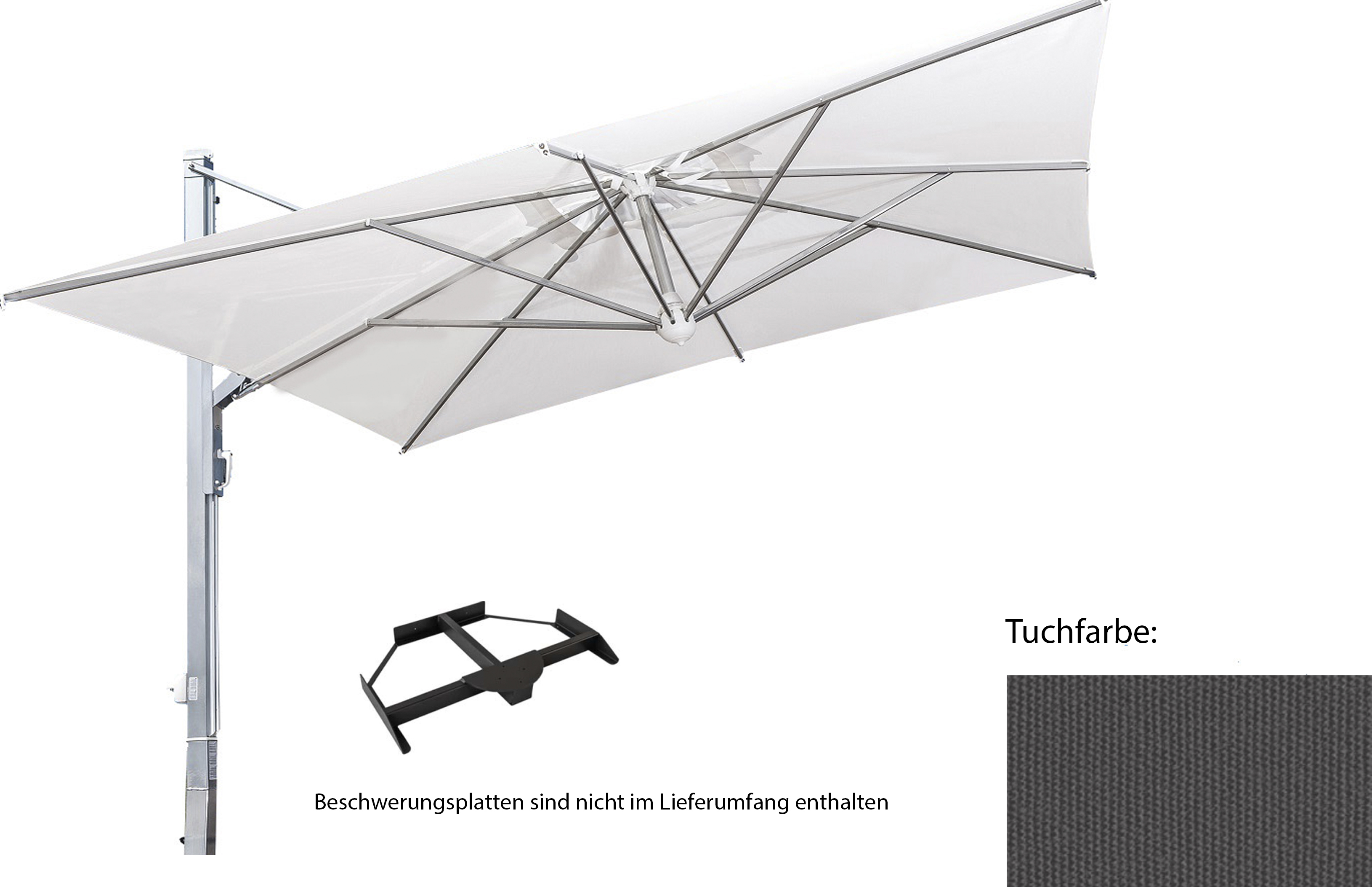 Galileo, starker Alu-Ampel-SchirmGröße: 3x3 quadratisch, Gestellfarbe: anthrazit, Ständervariante: mit Plattenständer, Farbe / Volant: naturfarben Nr.A1 (Acryl) mit Volant