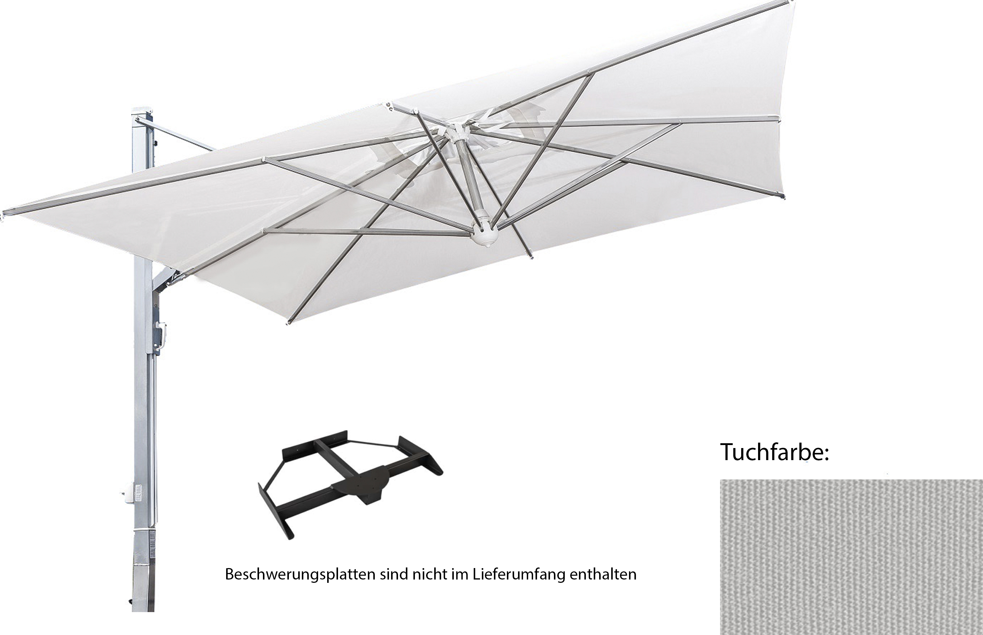 Galileo, starker Alu-Ampel-SchirmGröße: 3x3 quadratisch, Gestellfarbe: anthrazit, Ständervariante: mit Plattenständer, Farbe / Volant: naturfarben Nr.A1 (Acryl) mit Volant