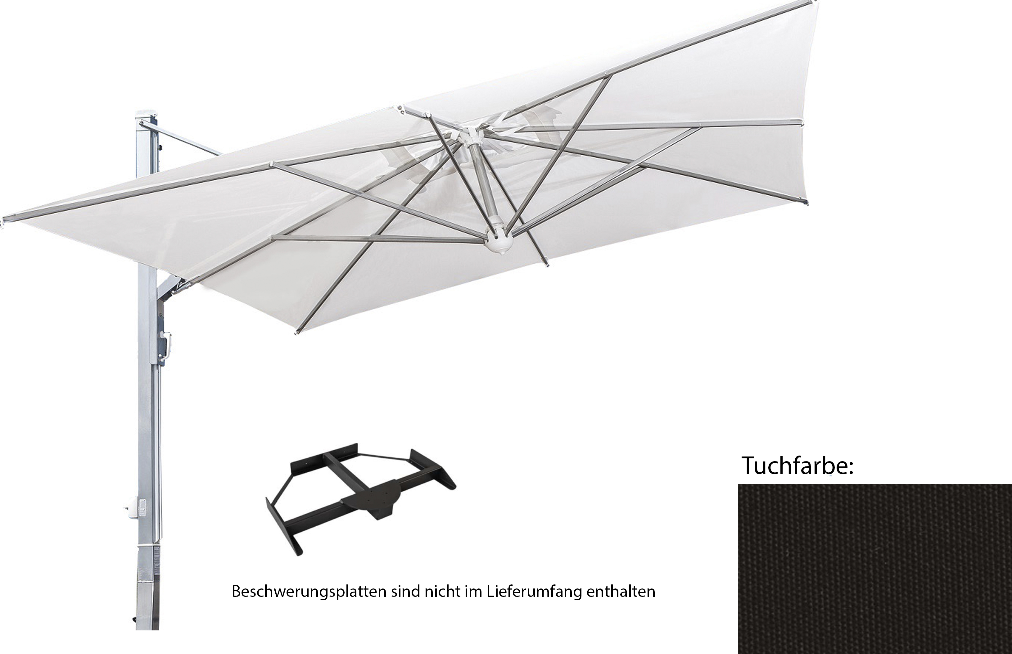 Galileo, starker Alu-Ampel-SchirmGröße: 3x3 quadratisch, Gestellfarbe: anthrazit, Ständervariante: mit Plattenständer, Farbe / Volant: naturfarben Nr.A1 (Acryl) mit Volant