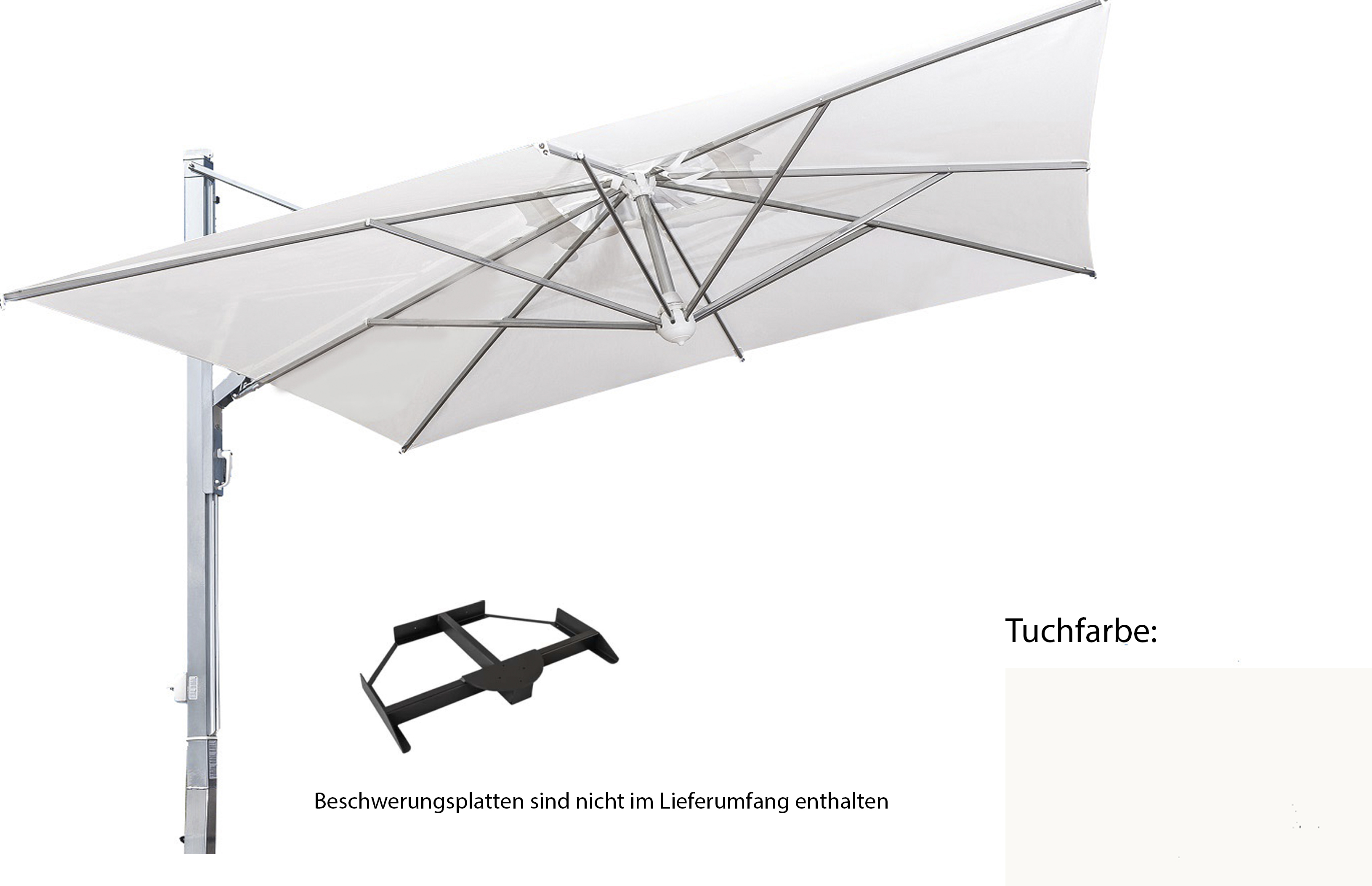 Galileo, starker Alu-Ampel-SchirmGröße: 3x3 quadratisch, Gestellfarbe: anthrazit, Ständervariante: mit Plattenständer, Farbe / Volant: naturfarben Nr.A1 (Acryl) mit Volant