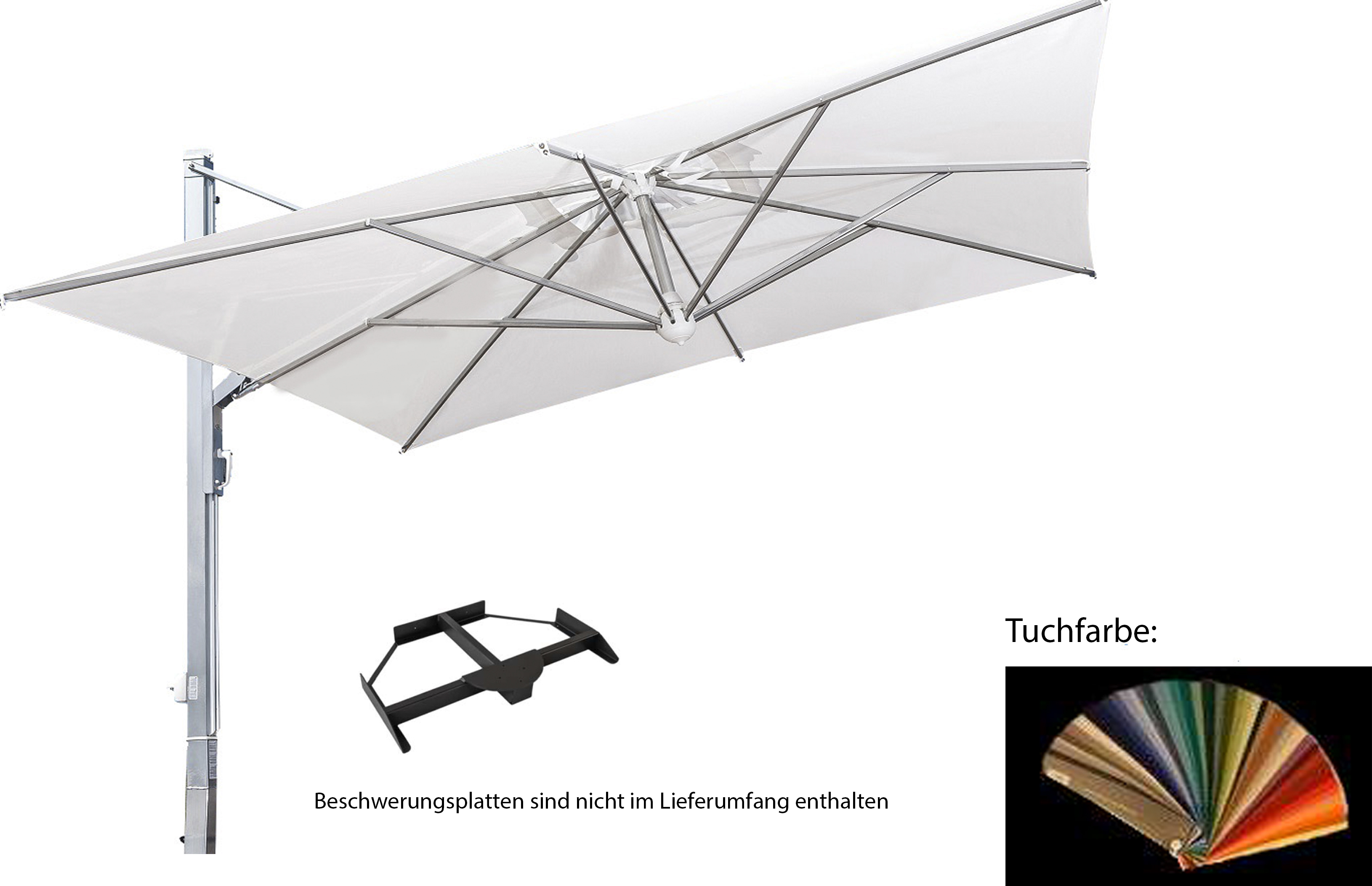 Galileo, starker Alu-Ampel-Schirm Größe: 3x3 quadratisch, Gestellfarbe: anthrazit, Ständervariante: mit Plattenständer, Farbe / Volant: naturfarben Nr.A1 (Acryl) mit Volant