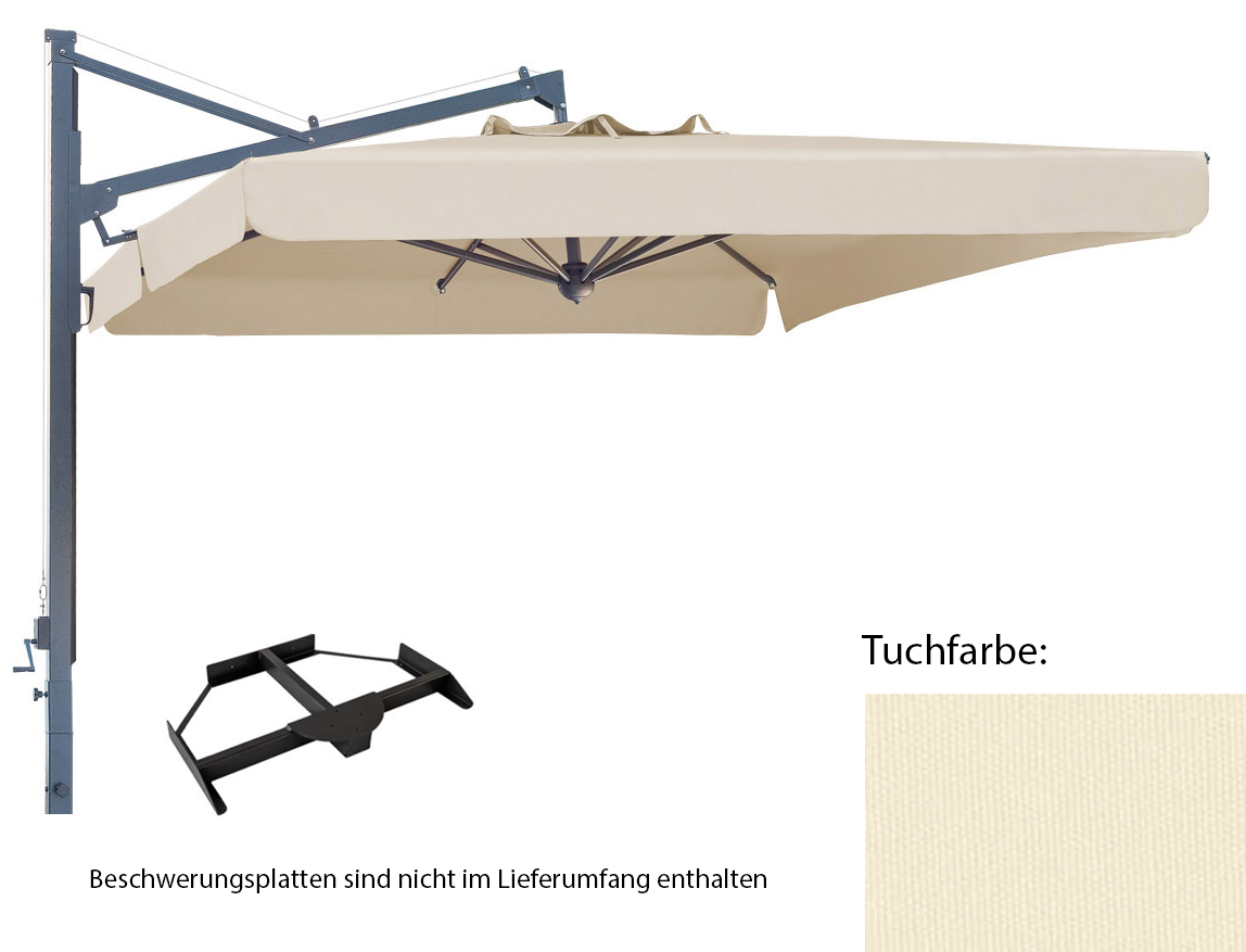 Galileo, starker Alu-Ampel-Schirm Größe: 3x3 quadratisch, Gestellfarbe: anthrazit, Ständervariante: mit Plattenständer, Farbe / Volant: naturfarben Nr.A1 (Acryl) mit Volant