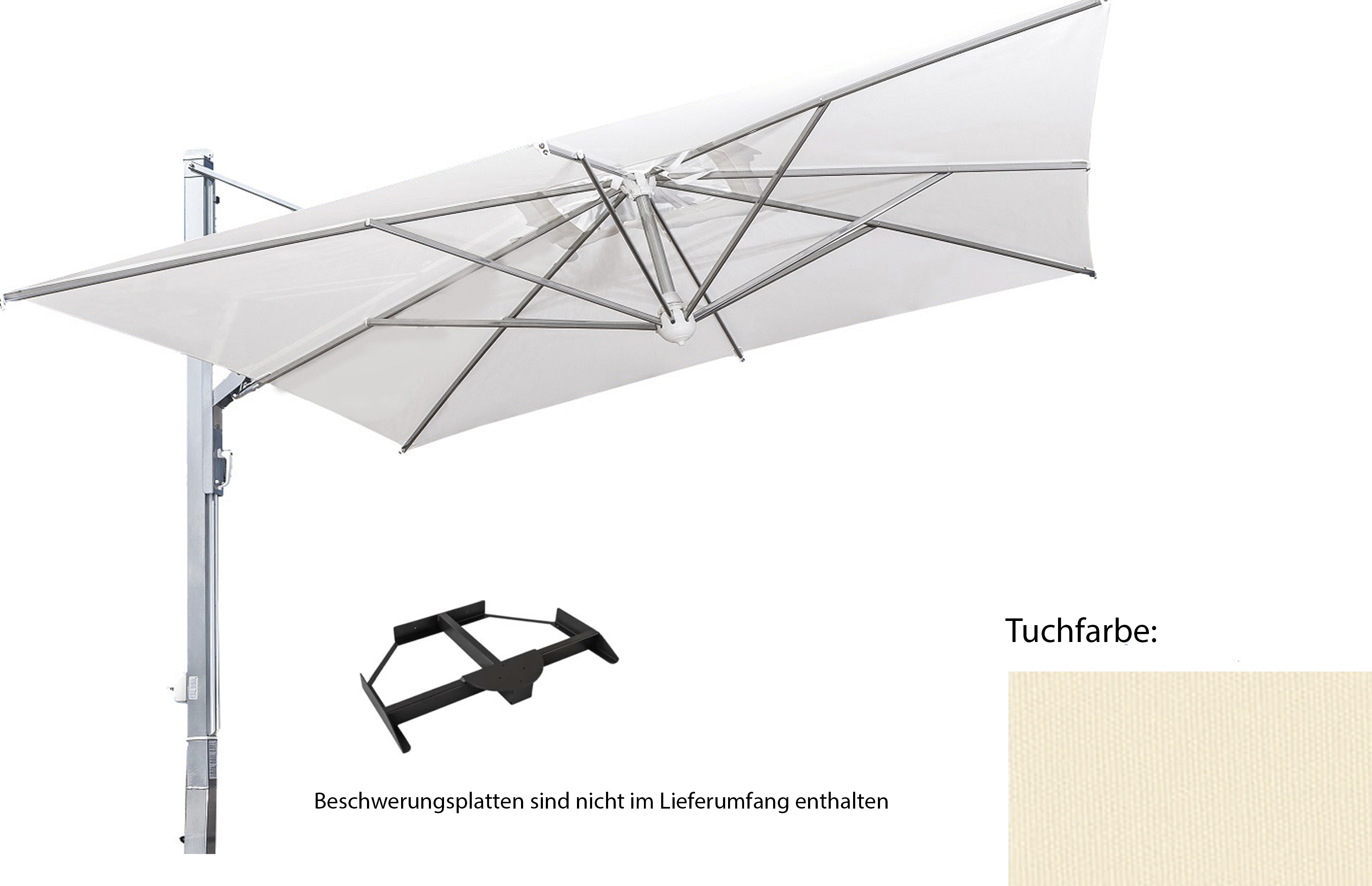 Galileo, starker Alu-Ampel-SchirmGröße: 3x3 quadratisch, Gestellfarbe: anthrazit, Ständervariante: mit Plattenständer, Farbe / Volant: naturfarben Nr.A1 (Acryl) mit Volant