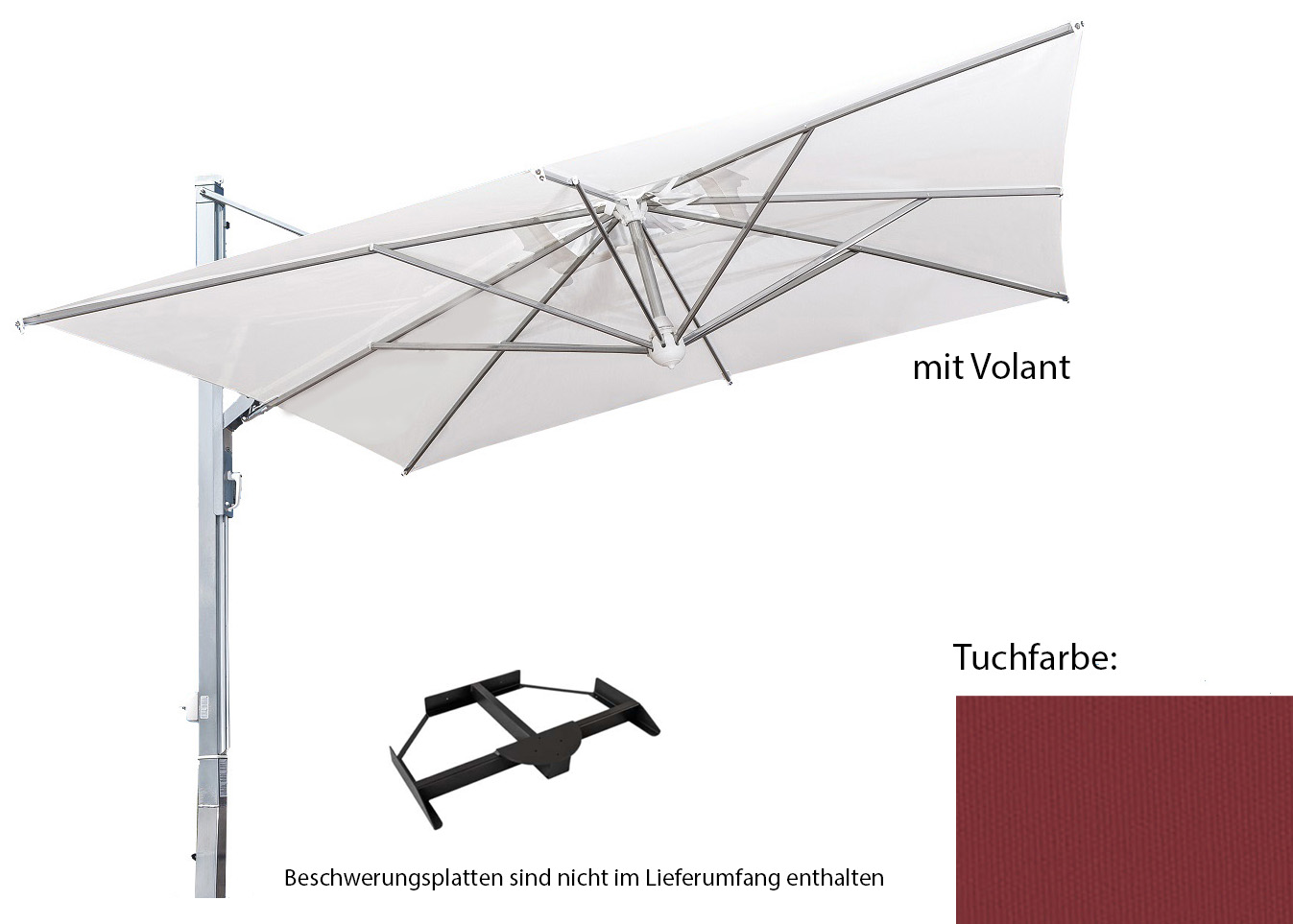 Galileo, starker Alu-Ampel-SchirmGröße: 3x3 quadratisch, Gestellfarbe: anthrazit, Ständervariante: mit Plattenständer, Farbe / Volant: naturfarben Nr.A1 (Acryl) mit Volant