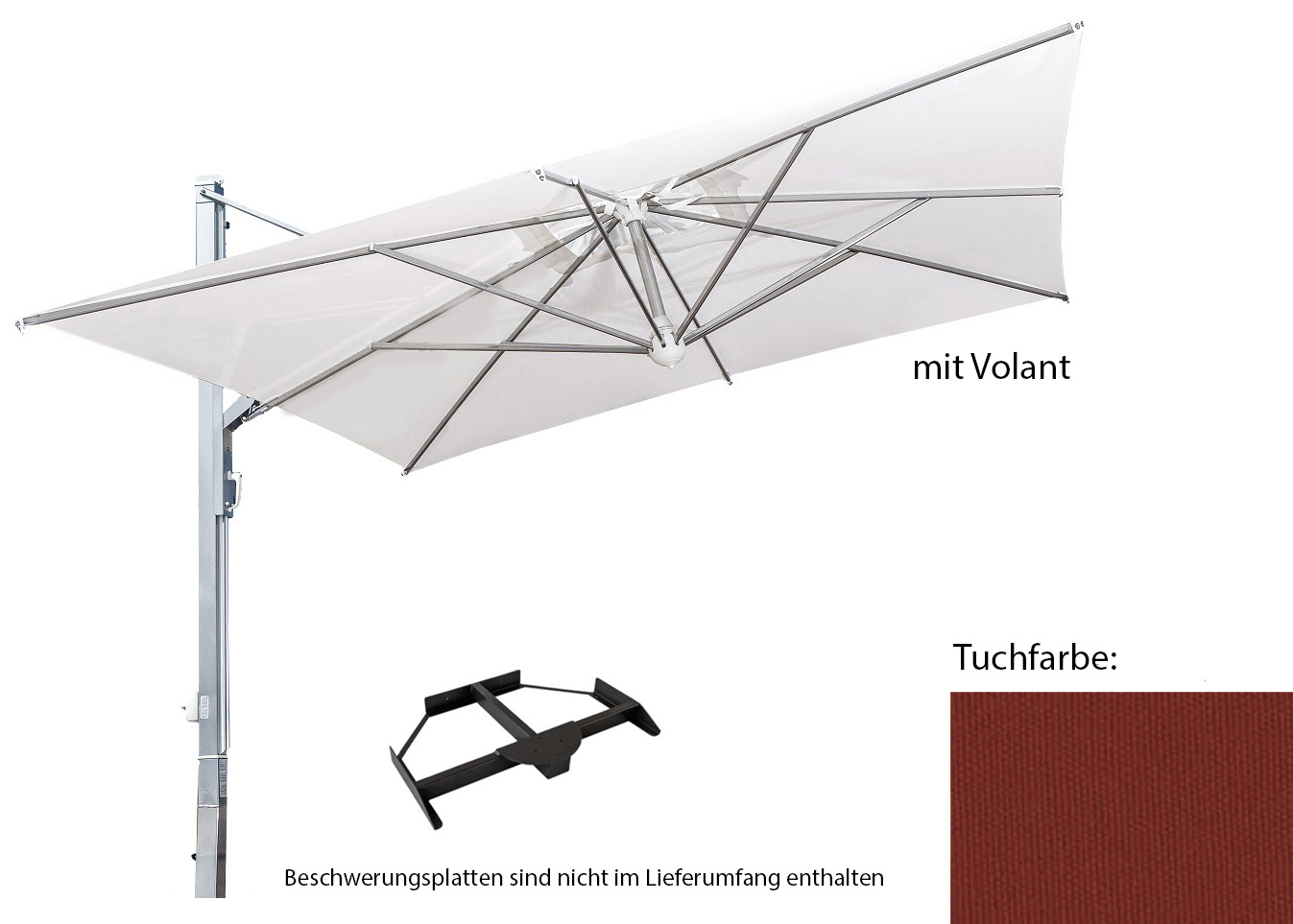 Galileo, starker Alu-Ampel-Schirm Größe: 3x3 quadratisch, Gestellfarbe: anthrazit, Ständervariante: mit Plattenständer, Farbe / Volant: naturfarben Nr.A1 (Acryl) mit Volant