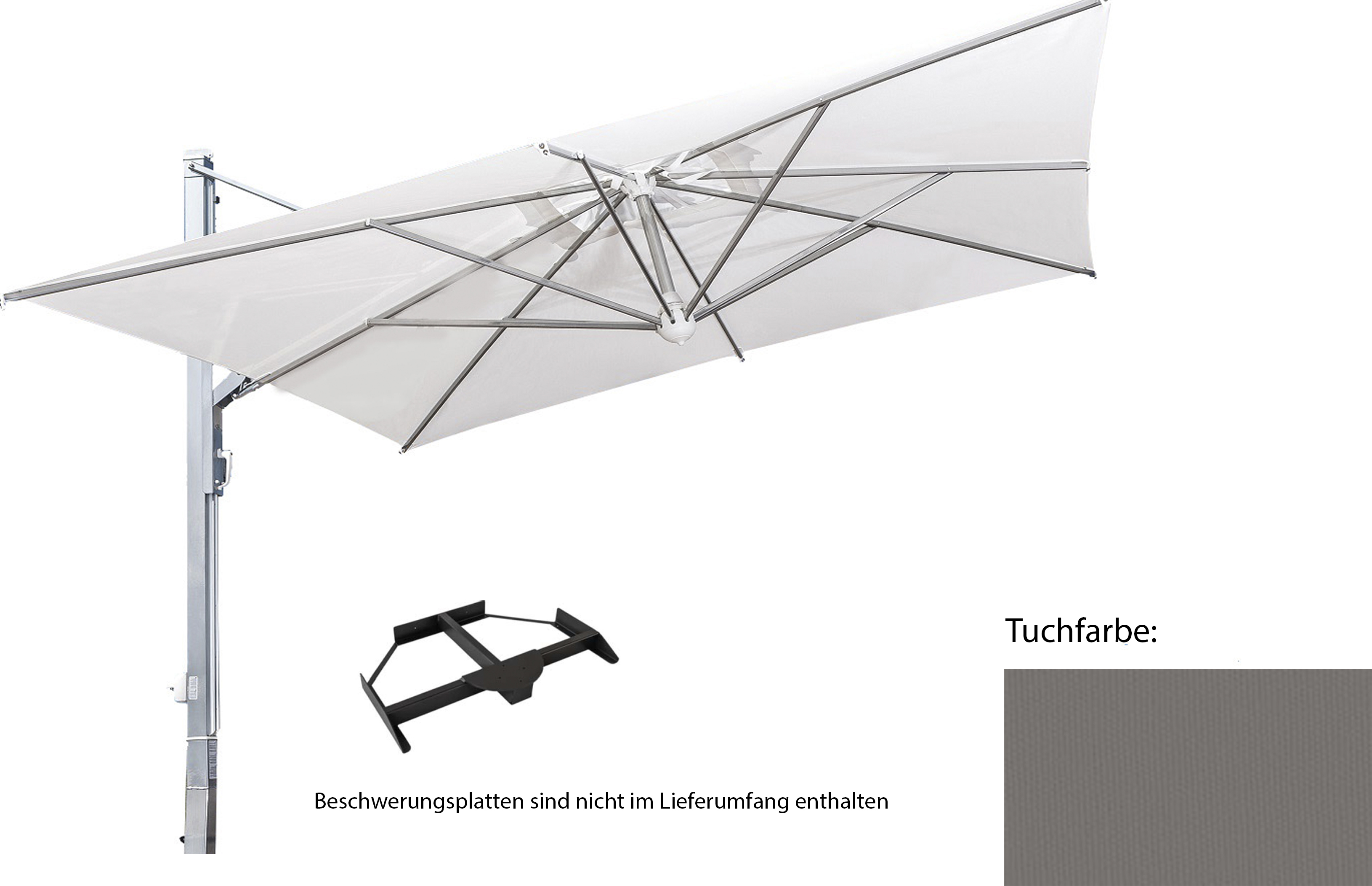 Galileo, starker Alu-Ampel-SchirmGröße: 3x3 quadratisch, Gestellfarbe: anthrazit, Ständervariante: mit Plattenständer, Farbe / Volant: naturfarben Nr.A1 (Acryl) mit Volant